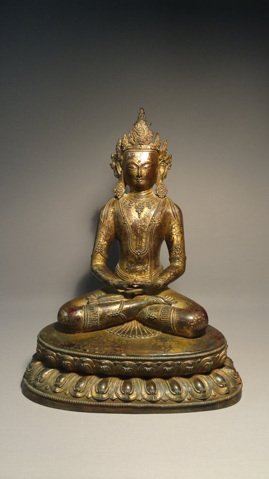 A fine and large Gilt bronze Sino-Tibetan seated figure of Amitayus 19thC